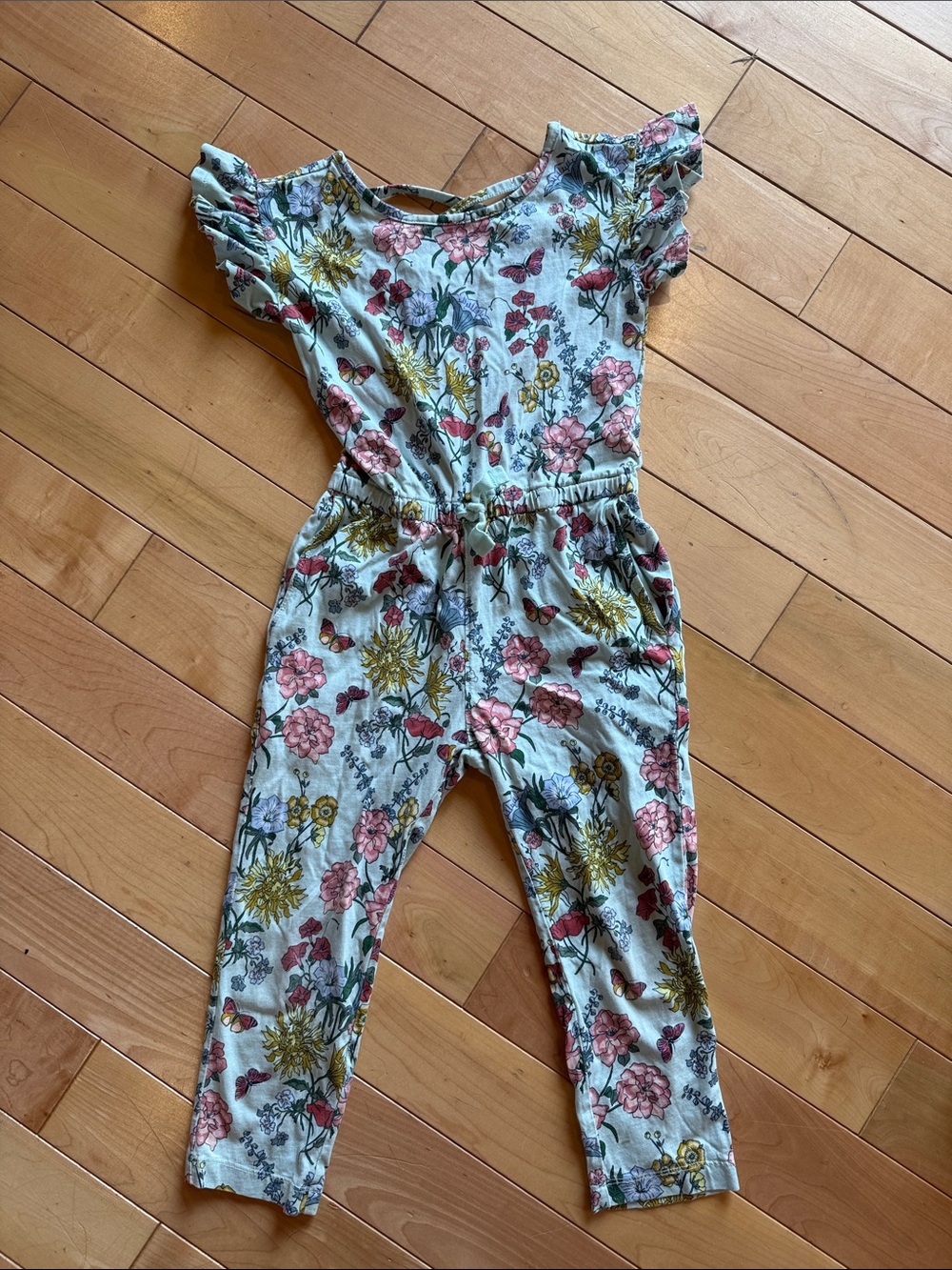 Tea Collection Light Blue Floral Ruffle Sleeve Romper with Pink & Green Accents